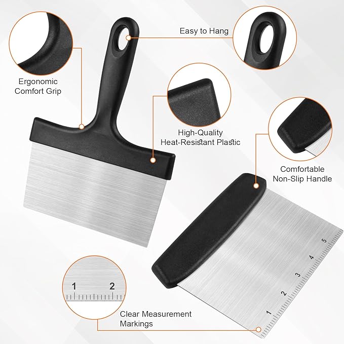 Grill Scraper&Bench Scraper Set，Food Scraper with Handle for Blackstone, Flat Top Grill Cleaning，Premium Stainless Steel Dough Cutter with Measuring Scale for Pastry,Cake,Pizza,Bread,Cooking