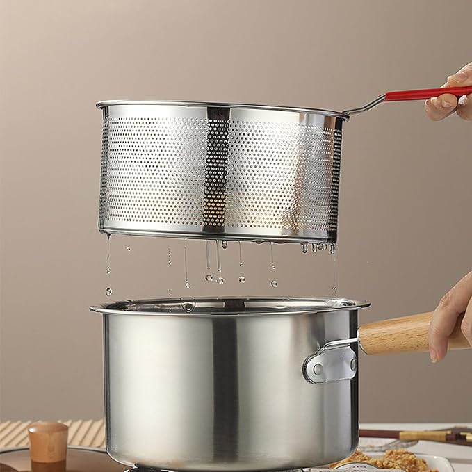 Pasta Strainer Set of 2, Stainless Steel Noodle strainer with Removable Handle Metal Pasta Strainer Basket Deep Fryer Basket, Kitchen Colander for Washing Draining Deep-frying Boiling Steaming