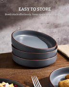 famiware Mercury Pasta Bowls Set of 8, 33 oz Large Salad Bowls, Ceramic Pasta Plates Bowls, Serving Bowls for Kitchen, Microwave & Dishwasher Safe, Charcoal