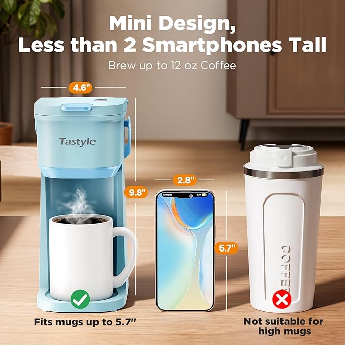 Single Serve One Cup Coffee Maker, for K Cups and Grounds, Mini Coffee Maker with Portable Handle, 6 to 12 Oz Brew Size, for Travel, Camping, Office, RV and Dorm, 120V, Aqua