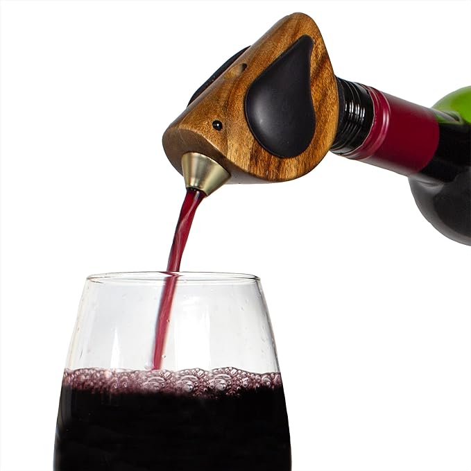Wine Bottle Pourer, Fun Wine Pourer Spout Sings While It Pours, Airtight Wine Bottle Sealer, Acacia Wood with Black Wings