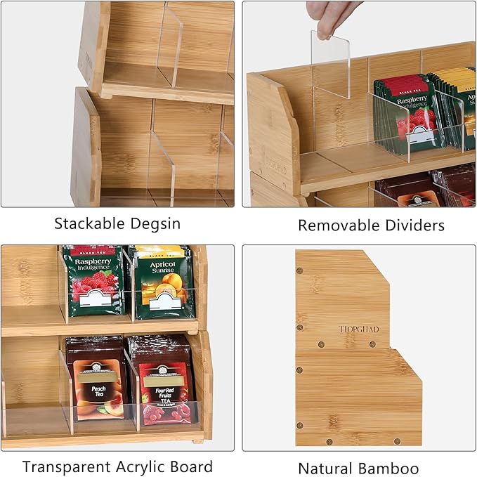 2-Layer Stackable Bamboo Tea Bag Organizer Storage Holder & Rack - Wooden Tea Box Containers - Stand for Countertop or Cabinet