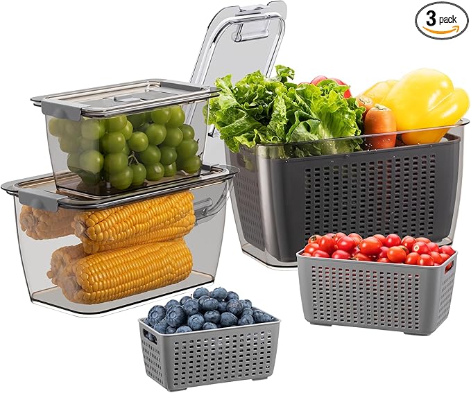 Fresh Fruit Vegetable Storage Containers, 3 Pack Produce Saver Container for Fridge with Lids &Removable Colander BPA-Free Refrigerator organizer for Fruit, Veggie Berry, Meat Keep Fresh Longer- Grey