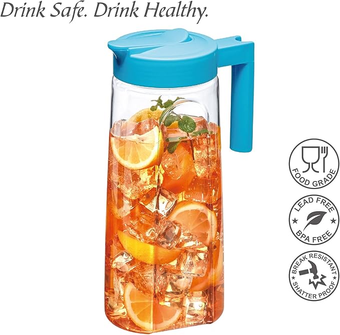 Amazing Abby - Slim - Tritan Pitcher (64 oz), Unbreakable Plastic Water Pitcher with Lid, BPA-Free, Heat-Resistant, Dishwasher-Safe, Great for Both Iced and Hot Drinks, Indoors and Outdoors, Blue