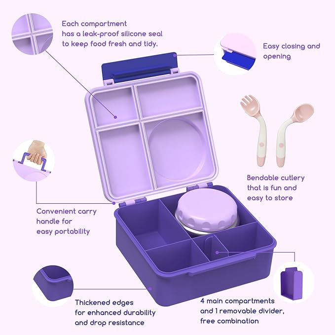 Bento Box for Kids - Leak-Proof Lunch Box with Insulated Thermos Food Jar - 4 Compartments, 1 Removable Divider, 1Spoon, 1 Fork - Dishwasher Safe, BPA-Free (Light purple)