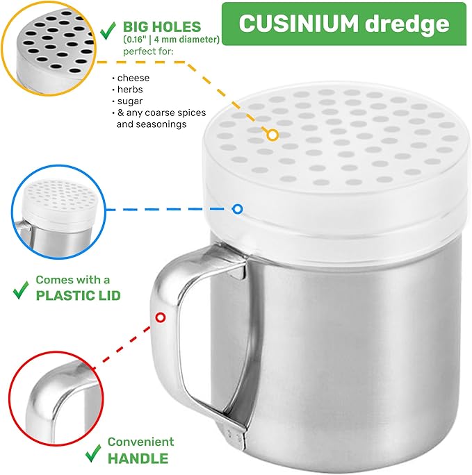 CUSINIUM 10oz Metal Parmesan Cheese Shakers with Large Holes - With Handle - Chili Flakes Dispensers - Pizza Shakers - Pack of 6 | Style: Coarse