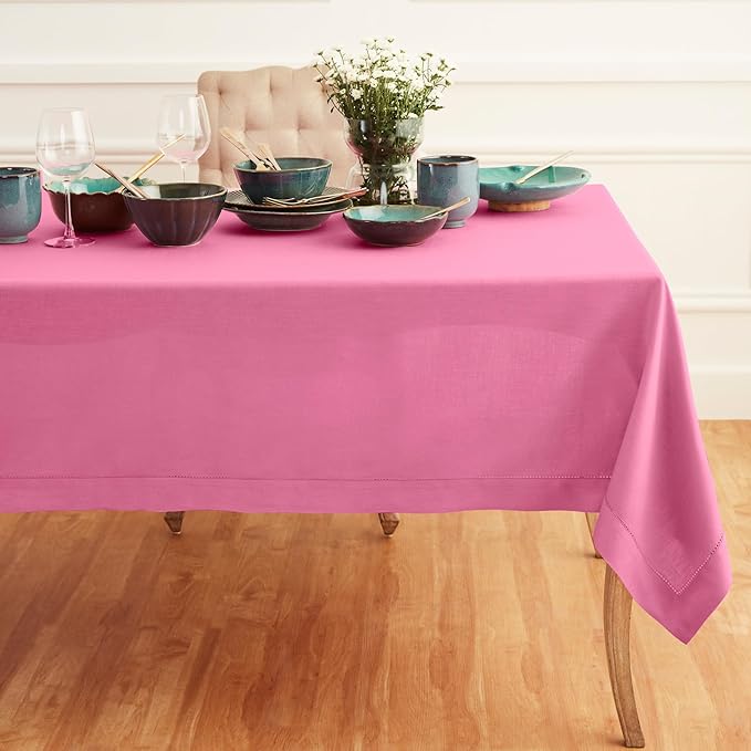 Solino Home Linen Flamingo Pink Tablecloth 60 x 144 Inch - Classic Hemstitch, 100% Pure Linen Rectangular Tablecloth - Machine Washable Table Cloth for Summer, Halloween