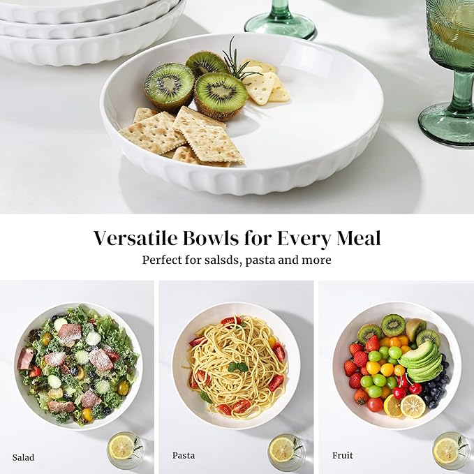 DOWAN Pasta Bowls, 10" Large Salad Serving Bowls 51 OZ White Ceramic Soup Bowls Set of 4 Wide and Shallow Plate Bowl Serving Dish for Soup, Pasta, Noodle, Dinner, Microwave & Dishwasher Safe