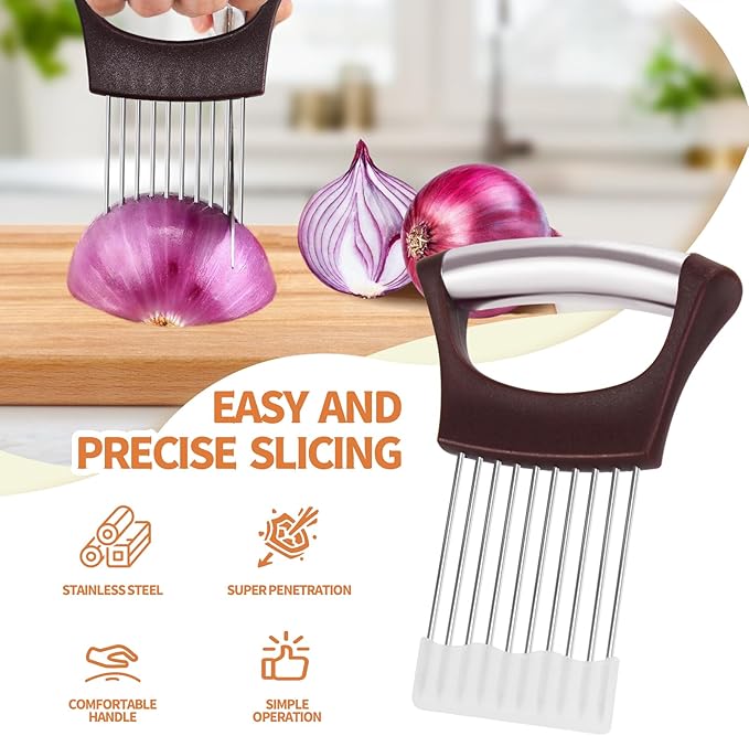 2PCs Stainless Steel Onion Slicer Holder, Onion Cutter Holder for Slicing of Onions,Tomatoes,Avocados,Eggs and Other Vegetables,KItchen Utensils (Wine Red & Black)