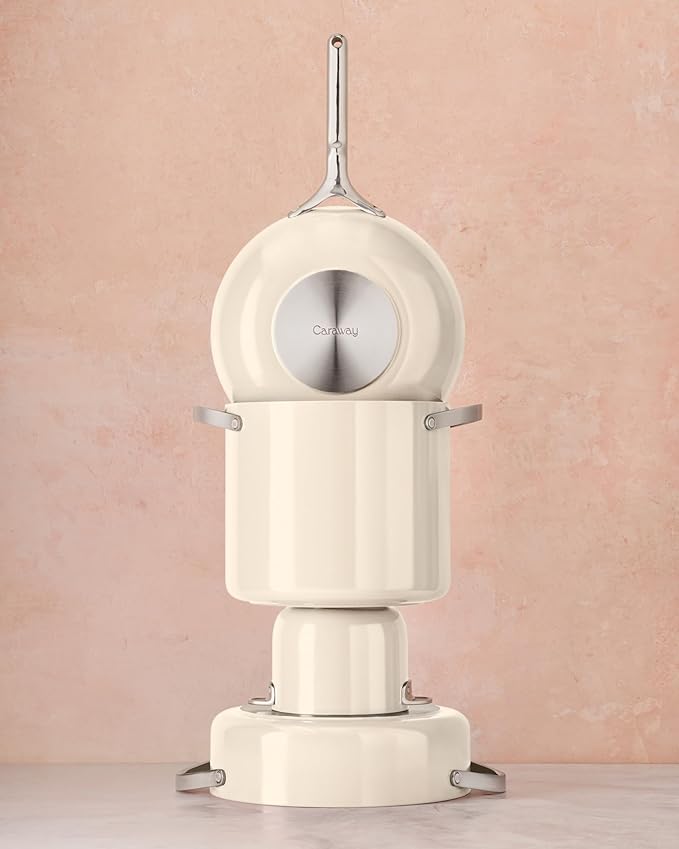 Caraway Cookware+ Collection - Specialty Cookware Set - Petite Cooker, Stir Fry Pan, Rondeau, & Stock Pot - 3 Lids & Storage Organizer Included - Gray