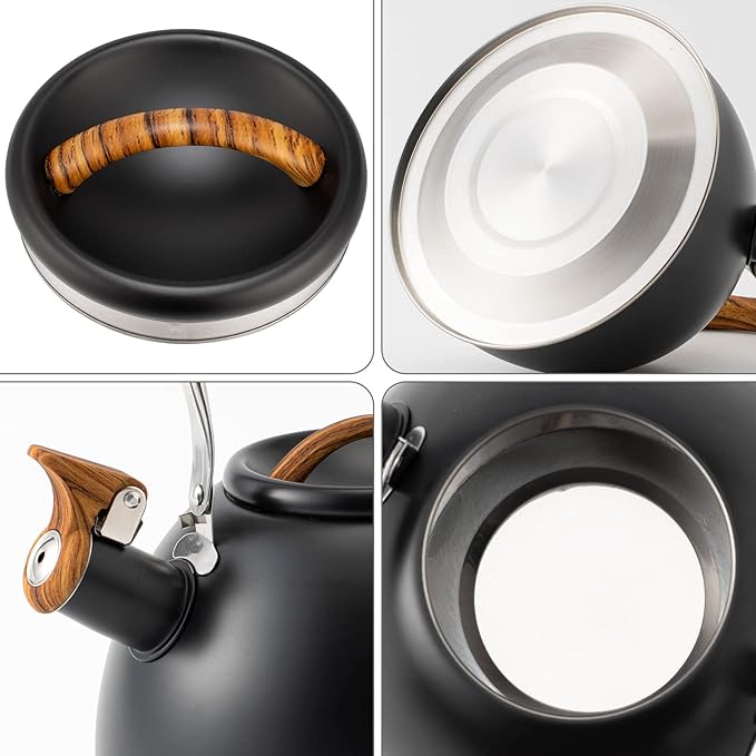 3.2 Quart Whistling Tea Kettle for Stove Top Stainless Steel Tea Pots With Wood Pattern Anti-slip Handle, Black…