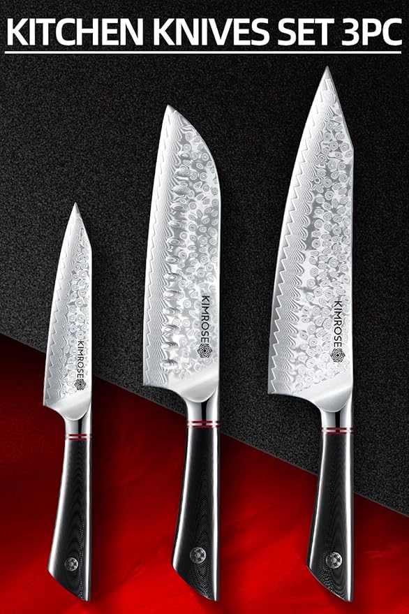 KIMROSE Damascus Knife Set - 3PCS - High-Carbon 10Cr15CoMoV Alloy Steel - Professional Chef Knife - G10 Handle - Razor Sharp Kitchen Knives - Magnetic Sheath - Gift Box
