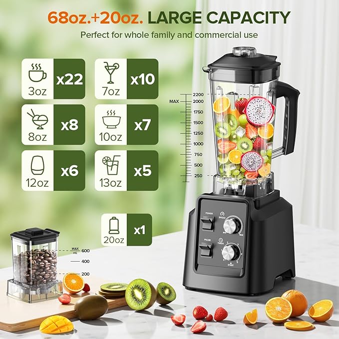 Blenders for Kitchen, Smoothie Blender - Professional Countertop Blenders with 68oz Dishwasher-Safe Pitcher, Ice Crusher for Frozen Drinks & Smoothies, BPA Free, Black