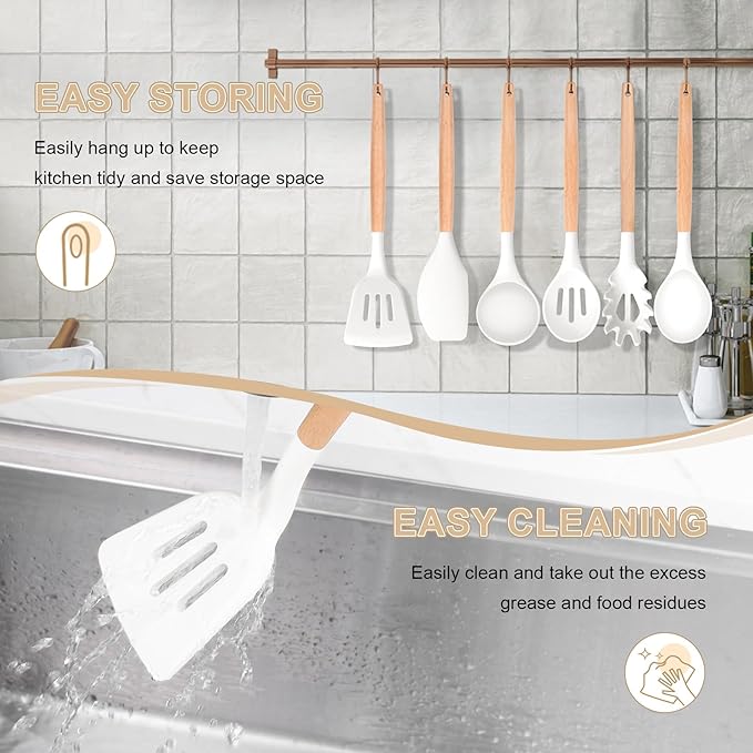 P&P CHEF Cooking Utensils Set, 6 PCS Kitchen Utensils with Wooden Handle, Silicone Spatula for Nonstick Cookware, Easy Clean & Non-toxic, White