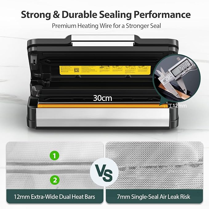 Vacuum Sealer Machine, AquaLock Series 2X Seal&130W Full Automatic Food Sealer, Powerful Food Preservation System with Handle, Built-in Cutter&Bags Storage&Hose, 2 Bags Rolls, Stainless Steel
