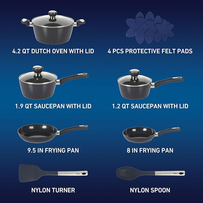 Oster Hawke 14 Piece Aluminum Premium PFA Free Ceramic Nonstick Blue Saphirre Pots and Pans Cookware Set W/Induction Base