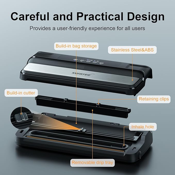 Vacuum Sealer for Food, 90Kpa 7-IN-1 Food Vacuum Sealer Machine Dry/Moist/Gentle Mode, Automatic Food Sealer with Build-in Cutter and Storage, 15pcs Pre-cut Bags, Bag Roll, Vaccum Hose