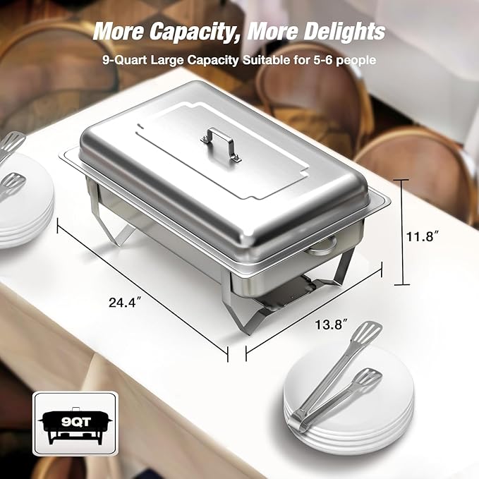 Chafing Dishes for Buffet 9QT 4 Pack, Easy Assembly, Food-Grade Stainless Steel Chafers for Catering w/Rolled Rim, Foldable Frame, for Party, Banquet (Full Size Food Pan)