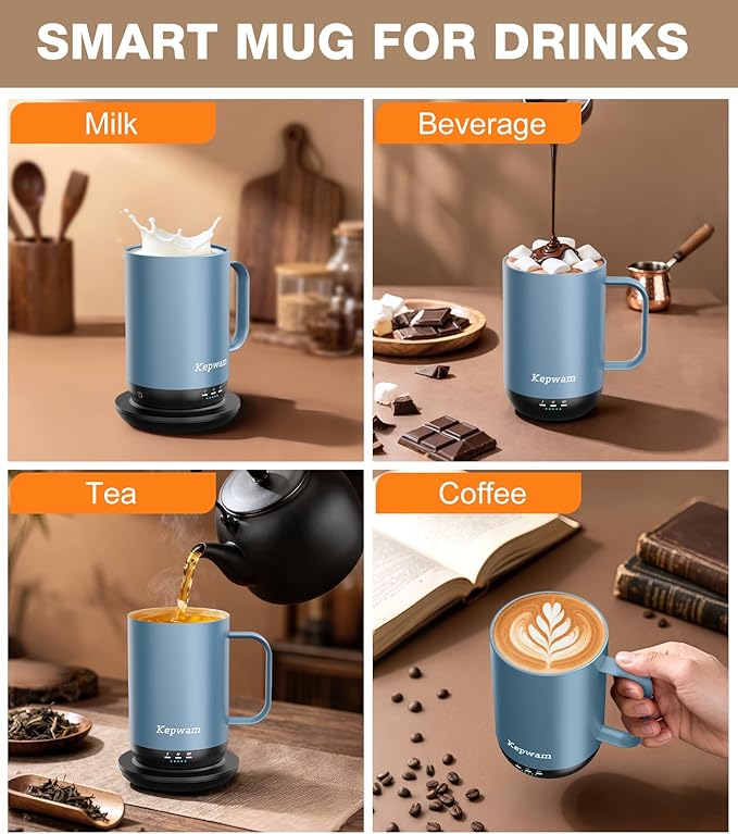 Self-Heating Coffee Mug T1-16oz, Fast Heating Rechargeable Heated Coffee Mug, Smart Mug with App & Button Control, Ideal Gift for Coffee Lovers & Hot Drink Enthusiasts