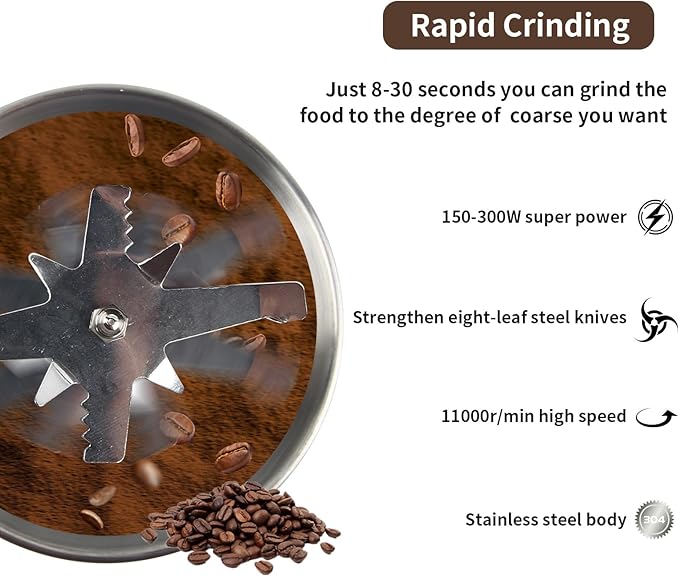 Electric Coffee Grinders，150-300w Silver Spice Grinder, One-Button Operation to Grinder Coffee Beans, Spices, Dry Herbs, Nuts, etc.1 Plastic Brush and 1 Plastic Spoon Included