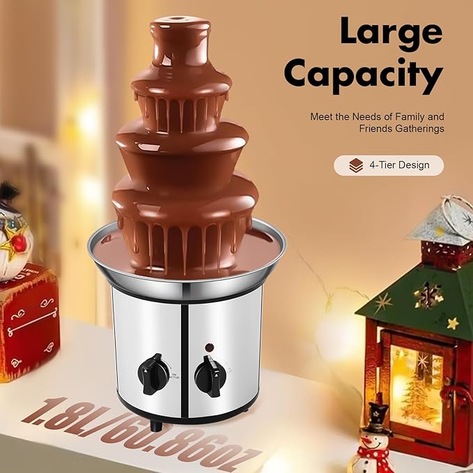 4 Tier Electric Chocolate Fondue Fountain Machine, Chocolate Fountain Electric Melting Machine with Anti-Slip Support Feet for Chocolate Candy Ranch Sauce Cheese Sauce Barbecue Sauce