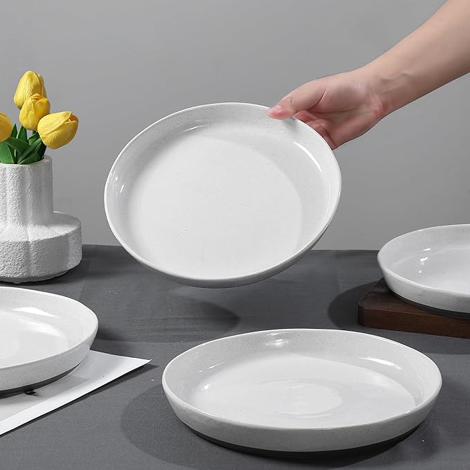 Ceramic Dinner Plates Set of 4-10 inch Stoneware Plates Set - Microwave&Dishwasher&Oven Safe, Porcelaine Dinnerware Dish Set for Kitchen Serving,Scratch Resistant - White(Grey Bottom)