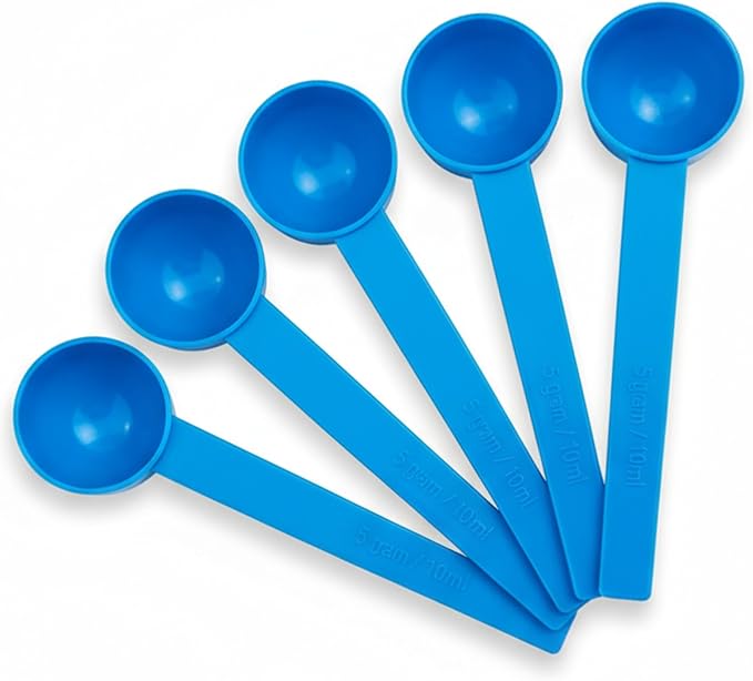 5g Plastic Measuring Spoons (10ml) – Pack of 5 mini Scoops for Protein Poweder, Creatine, Coffee, Lab, Baking, Laundry, Canisters, Dry Goods – 1 Teaspoon Measuring Spoons (tsp), Blue