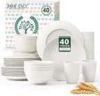 Homienly 40- Pieces Wheat Straw Dinnerware Set, Service for 8, Lightweight Roud Plates and Bowls Set, Unbreakable Dishes Set- Dinner Plates, Bowls, Cups,Microwave and Dishwasher Safe(White)