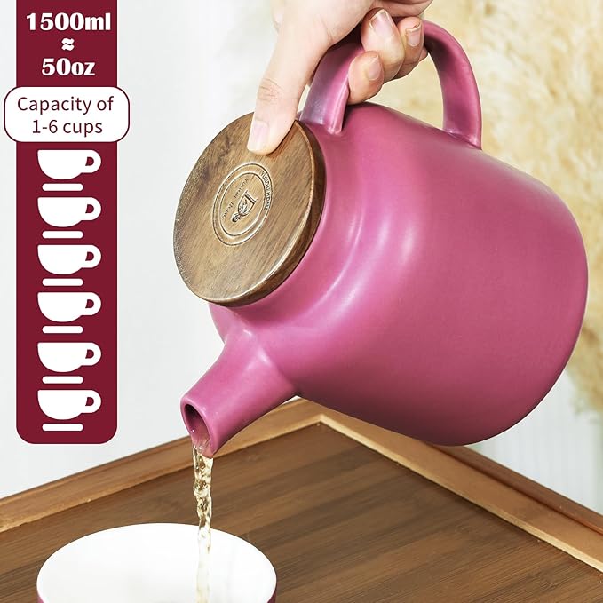 Yundu 1500ml / 50 oz Ceramic Teapot with Infuser & Wood Lid - Matte Purple, Loose Leaf Tea Pot with Removable Strainer, Large Capacity