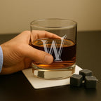 (W-Monogram)- 4 Piece Set of 11 Ounce Engraved Heavy Base Rocks Glasses- Quality Elegant Glass-Multi-Purpose Beverage-Rocks Glass- For any Occasion- By: On The Rox