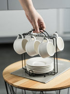 YHOSSEUN Espresso Cups Set with Saucers and Metal Stand Coffee Cup Set of 6 4 oz Cappuccino Cups Teacup for Tea Party - White