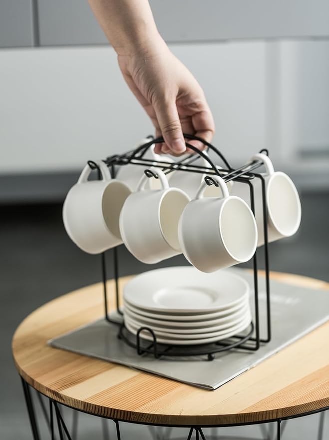 YHOSSEUN Espresso Cups Set with Saucers and Metal Stand Coffee Cup Set of 6 4 oz Cappuccino Cups Teacup for Tea Party - White