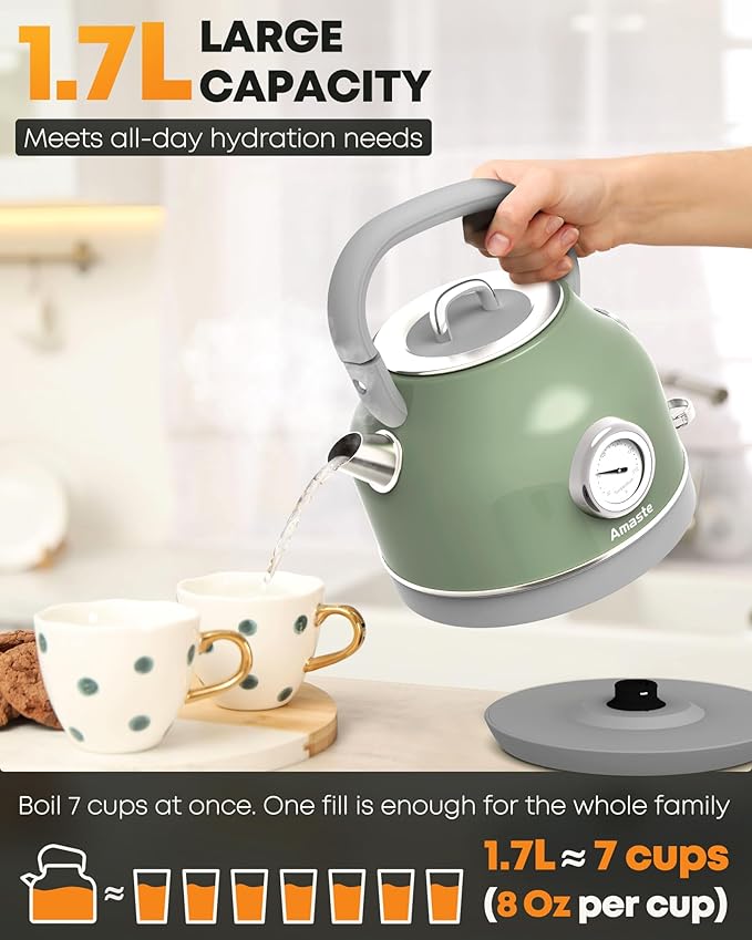 Amaste Electric Kettle, Retro Electric Tea Kettle with Thermometer, 57 Oz Hot Water Kettle for Coffee & Tea, 304 Stainless Steel, 1500W Fast Boiling, Auto Shut-Off & Boil Dry Protection, Matcha Green