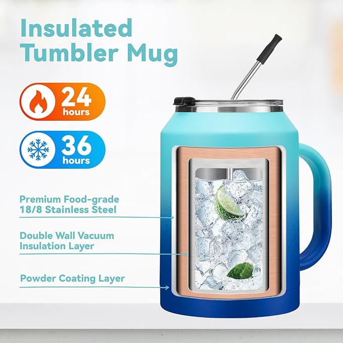 BENZZO 50 oz Tumbler with Handle and Straw Large Coffee Travel Mug Insulated Water Jug Thermal Cup Cold and Hot with Lid