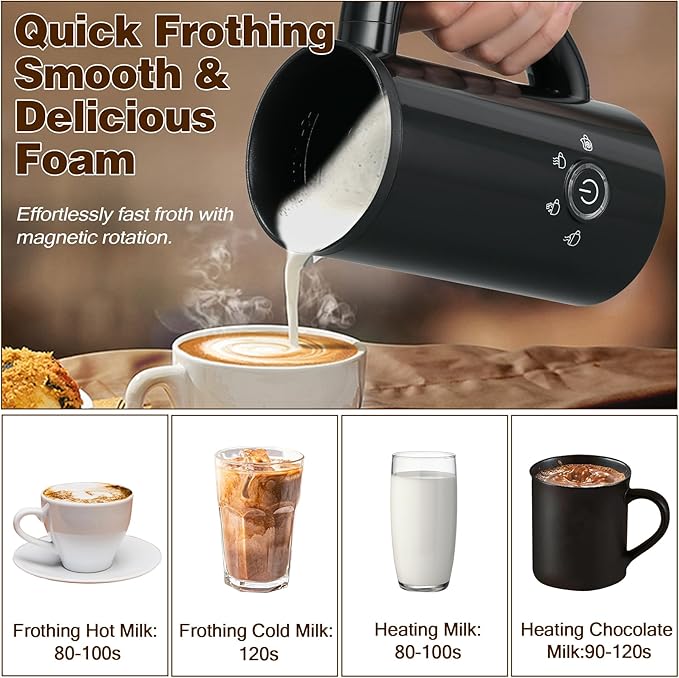 Milk Frother and Steamer, Electric 4-in-1 Hot and Cold Foam Maker, Automatic Milk Warmer with Two Whisks for Latte Cappuccino Hot Chocolate, 10.1oz/300ml, Black