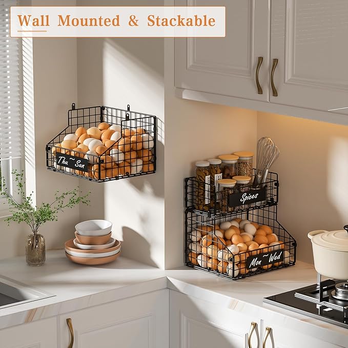 keomaisyto Egg Holder Countertop with Nameplate to Separate Eggs, 3 Tier Stackable Wire Storage Baskets for Gathering Fresh Eggs, Large Egg Rack for Countertop/Wall-Mounted, Medium (Patent Pending)
