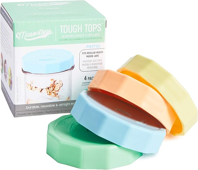 Masontops Tough Tops - Regular Mouth Mason Jar Lids BPA-Free Multi Color Plastic Reusable Dry Canning fit Ball Jars (Ball not included)