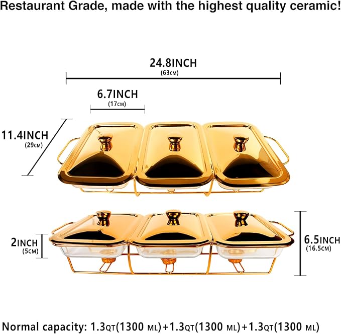 Casserole Dish Set Rectangle 3-in-1 Glass Baking Dish, with Stainless steel Lid and Gold rack, 1.3 Qt x 3 pcs Baking Pan For Casserole & Lasagna, Dishwasher Oven Freezer Microwave Safe