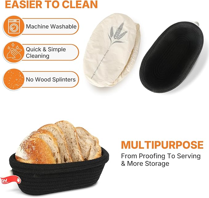 Banneton Bread Proofing Basket Set - 2X Oval Round Sourdough Proofing Baskets - Sourdough Proofing Bowls Bread Baking Supplies With Liner & Cloth Cover - Cotton Rope Banneton Basket for Baking