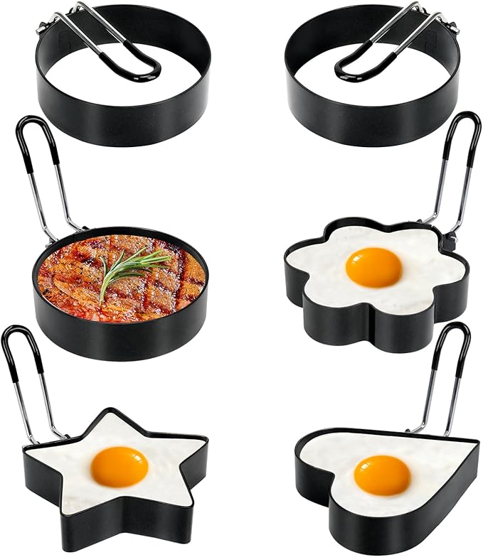 6 Pack Eggs Rings, Stainless Steel Egg Cooking Rings, Round Pancake Mold for Frying Eggs, Omelet and Muffins, Non-stick Fried Egg Mold Ring with Oil Brush and Slotted Spatula, 4 Shapes