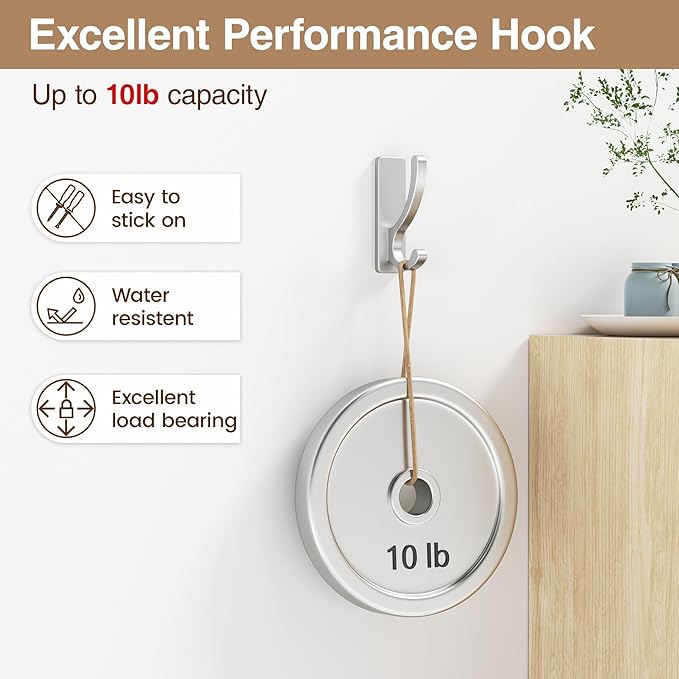 Adhesive Wall Hooks for Towels Coats - Stick On Hooks Hanging Heavy Duty (13lb), Metal Hook for Door, Bathroom, Dorm, Closet - Hanger for Purse, Bag, Robe,Backpack - No Damage to Wall - Silver 4 Pack