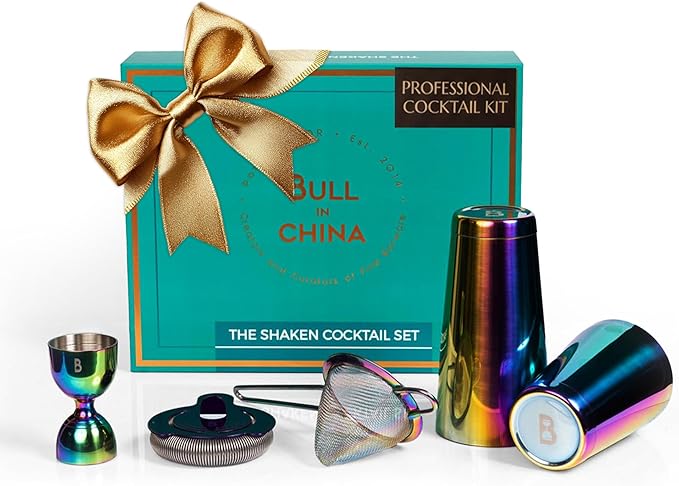 5 Piece Cocktail Kit by Bull In China - Premium Bartender Gift Set Includes Weighted 2 Piece Boston Shaker, Hammered Bell Jigger, Hawthorne Strainer & Fine Mesh Strainer (Rainbow Chrome)