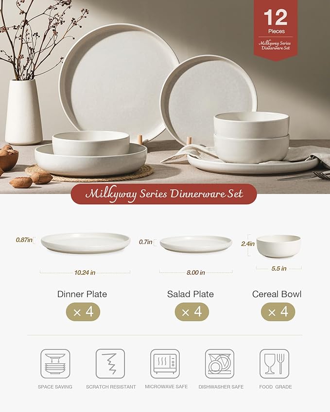 Famiware Milkyway Plates and Bowls Sets, 12 Pieces Dinnerware Sets, Reactive Glaze Dish Set, Stoneware Dishes Set for 4, Matte Beige White