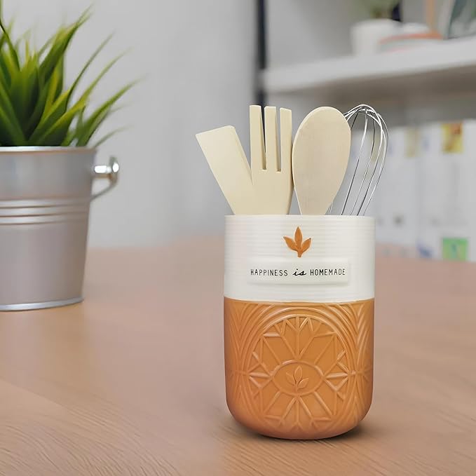 Young's Inc Kitchen Tool Holder with Tools, Ceramic Utensil Holder for Kitchen Counter, Cooking Spoon & Spatula Holder for Counter with Utensils, White