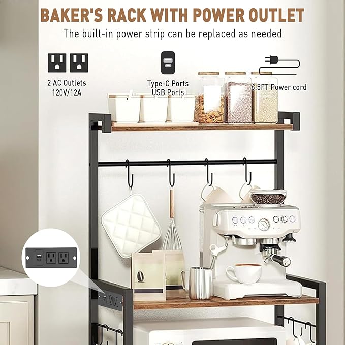 Baker's Rack with Power Outlet, 4-Tier Standing Kitchen Rack Microwave Stand Storage Shelves, Coffee Bar Station Cabinet Table, Heavy Duty Kitchen Organizer for Coffee Bar, Bread