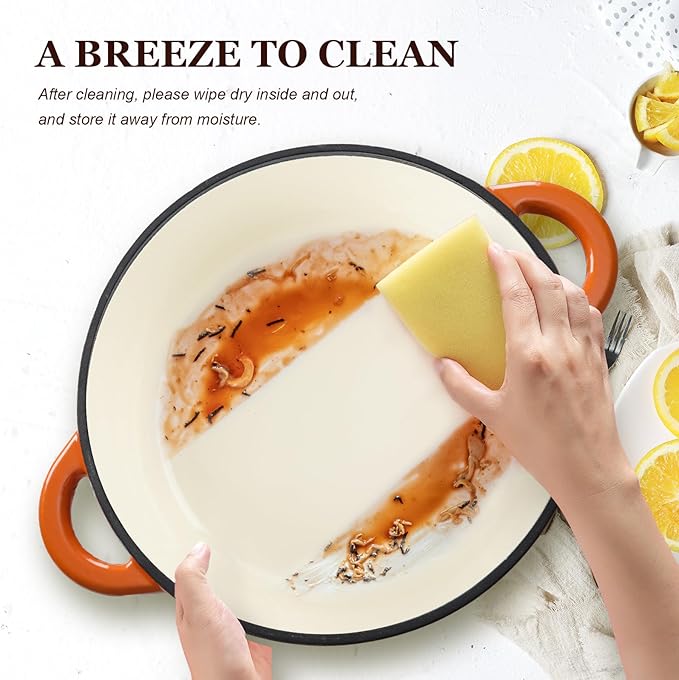 Overmont Enameled Cast Iron Dutch Oven - 4.5QT Pot with Lid Cookbook & Cotton Potholders - Heavy-Duty Cookware for Braising, Stews, Roasting, Bread Baking orange