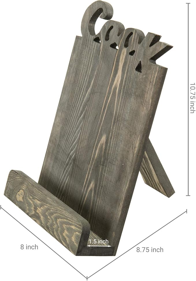 MyGift Solid Wood Countertop Cookbook Holder Tablet Book Stand with Kickstand and Decorative COOK Cutout Letters, Gray