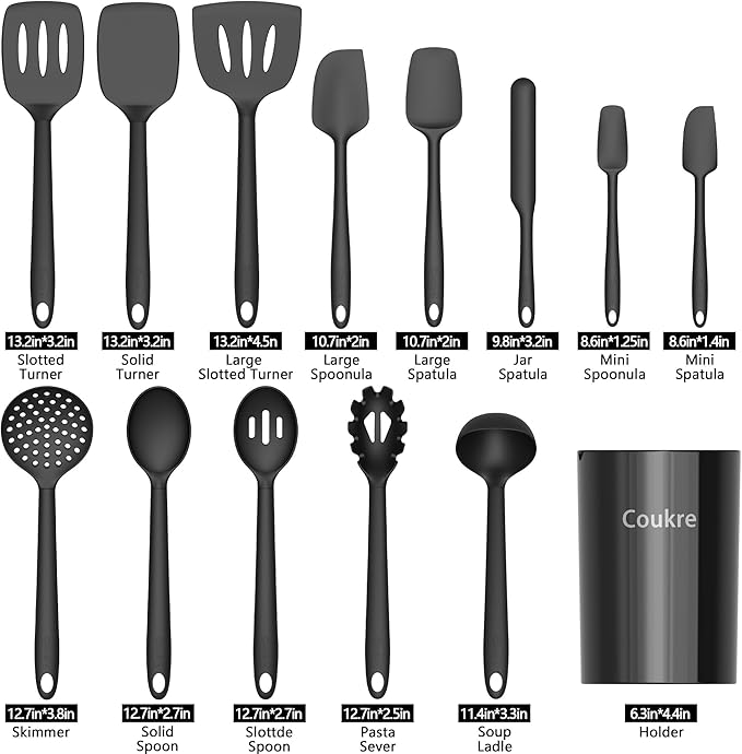 Coukre Silicone Kitchen Cooking Utensils Set with Holder – Heat-Resistant, Food-Grade Kitchen Tools, Spatula, Spoon & Gadgets for Non-Stick Pans, Dishwasher Safe (14, Black)