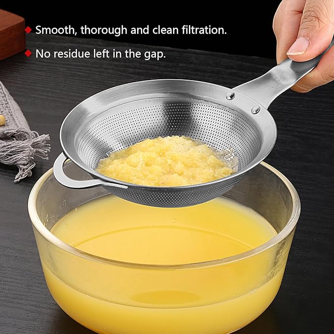 Punch Hole Sieve Fine Mesh Stainless Steel Small Colander Strainer With Handle Metal Micro Sifter Set of 2 for Kitchen Baking and Food Filter Rice,Tea,Pasta,Flour,Juice,Mini 3.55 and 4.33 Inch