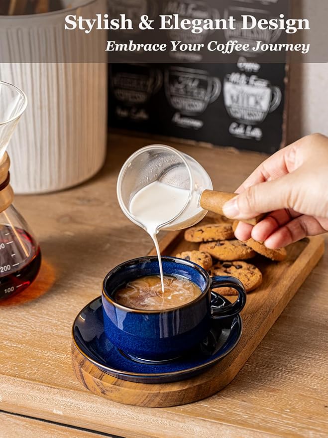 Gomakren 6 Ounce Cappuccino Cups with Saucers and Metal Stand, Stackable Coffee Cup Set of 4, Halloween Porcelain Espresso Cups for Coffee Drinks, Cappuccino, Latte, Americano, Tea, Cobalt Blue